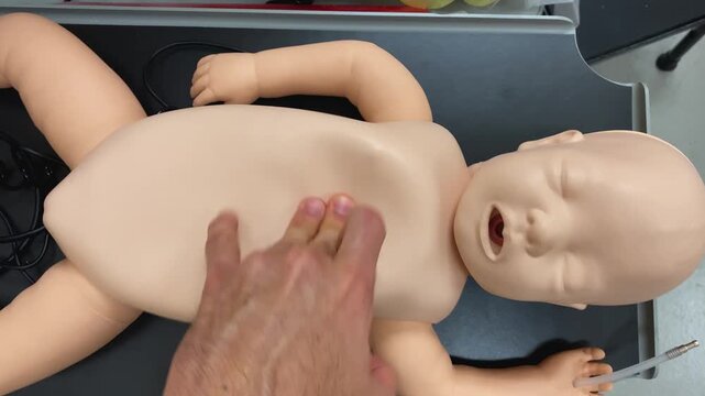 POV child baby infant CPR mannequin doll chest compression training in BLS first aid class course. Medical procedure demonstration practice to save lives on a dummy 