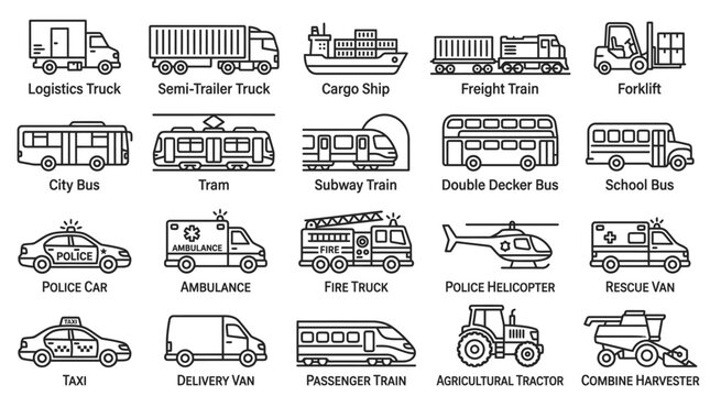 Various types of transport vehicles icons.