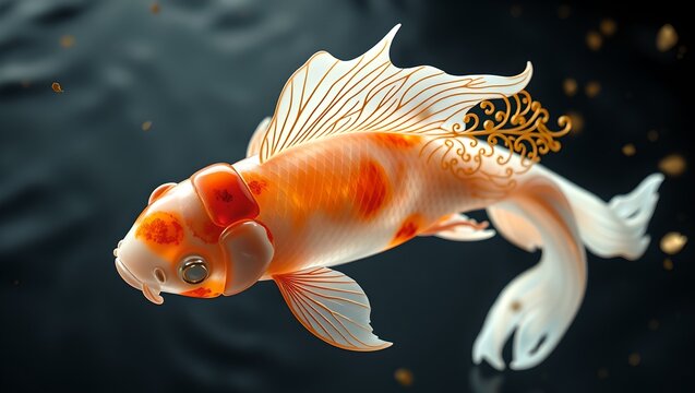 Mythical Koi Fish Crafted from White Jade and Gold Filigree on Dark Background