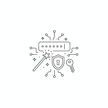 Secure Password Generator Minimalist Monoline Vector Icon with Magic Wand Shield Key and Cybersecurity Authentication System