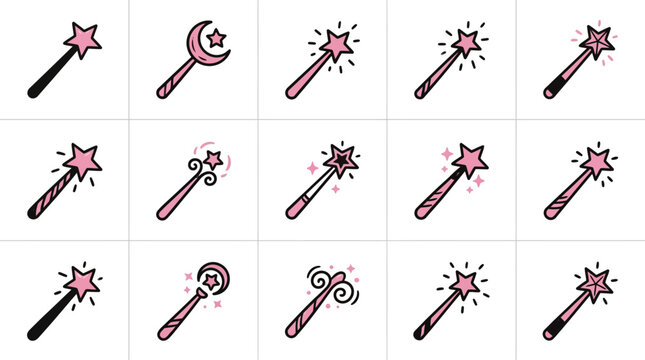 Collection of magic wands with pink stars.