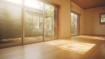 Fototapeta premium Modern contemporary loft empty room with open door to garden 3d render The Rooms have concrete tile floors ,wooden plank ceiling 
