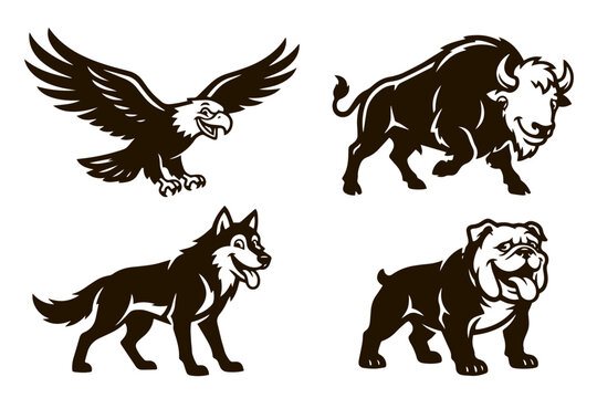 Four Animal Silhouettes: Eagle, Bison, Wolf, and Bulldog