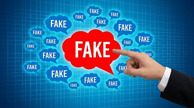 Hand pointing at a large red speech bubble with the word F A K E surrounded by smaller blue speech bubbles also saying F A K E on a