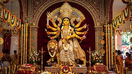 Obraz premium The ceremonial Hindu goddess Durga statue is worshipped by people in a decorated temple with flowers and lights on a festive day.
