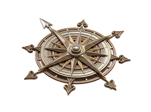 Ornate antique metallic compass featuring intricate engraved details and a sharp directional arrow crafted with a polished bronze finish displayed in a high resolution isolated view presented on trans