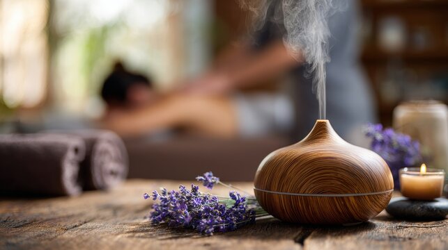 Therapy stress release treatment, health lifestyle. A wooden diffuser emitting a pleasant aroma, accompanied by lavender flowers and a lit candle, set against a blurred background.