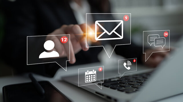 Modern Business Communication and Digital Interaction Concepts with Laptop and Notifications for Emails, Messages, and Appointments. Sentient.