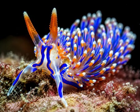 Colorful Blue Orange Nudibranch Sea Slug Macro Close Up on Coral Reef Underwater Indonesia Diving