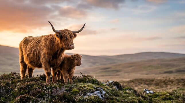 Highland cow and her calf standing on a hill at sunset