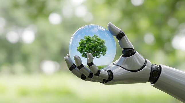 Robot hand holding a glass sphere with a green tree and blue sky inside crystal ball