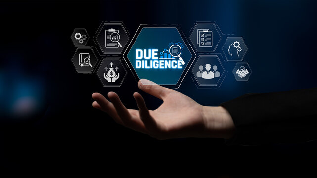 Hand Reaching for Digital Icons Representing Due Diligence and Business Analysis in a Modern Corporate Environment Sigmoid
