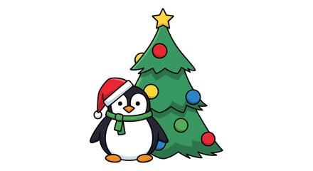Fototapeta premium Cute Christmas penguin standing next to a decorated Christmas tree.