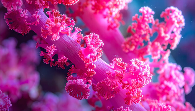 Close-up of pink soft coral branches with delicate textures underwater