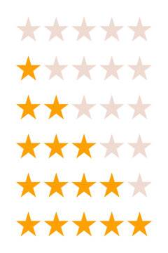 Yellow star rating collection with five-star review symbols in different levels. High-resolution PNG icons for customer feedback, reviews, testimonials, rankings, satisfaction graphics, infographics 