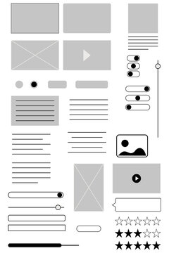UI wireframe kit elements on transparent background PNG. Website and mobile app layout placeholders, content blocks, media frames, buttons, cards, image icons, sliders, interface components. High-res