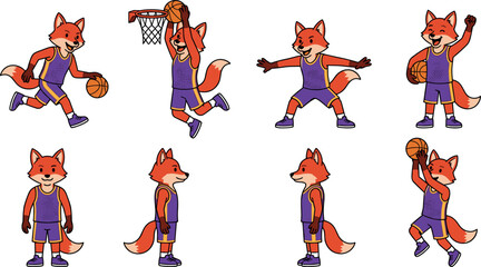 Basketball Fox Mascot Character Action Pose Set with Dribbling Dunking Shooting and Defense Positions in Purple Jersey for Sports Team Brand Designs © Rashidul