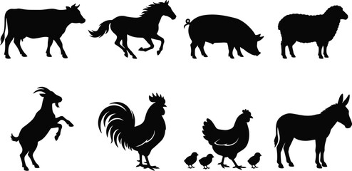 Fototapeta premium Vector Silhouette Collection of Farm Animals and Livestock Featuring Cow Horse Pig Sheep Goat Rooster Hen and Donkey