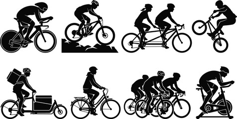 Obraz premium Vector Silhouette Collection of Diverse Cyclists and Bicycles Featuring Mountain Biking Racing Tandem Cargo Delivery and Indoor Cycling
