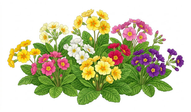 Blooming primrose flowers and spring bushes vector illustration isolated on white background
