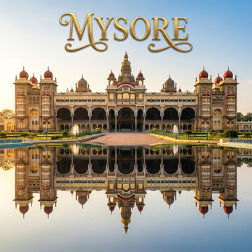 Mysore Palace Reflection in Water, Amba Vilas Palace Heritage Architecture with Majestic Symmetrical Reflection, Karnataka India
