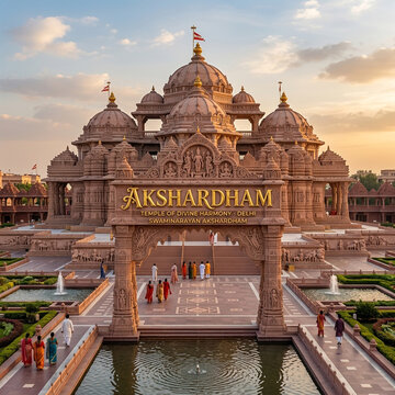 Swaminarayan Akshardham Temple New Delhi, Pink Sandstone Mandir with Torana Gateway and Water Reflection, India
