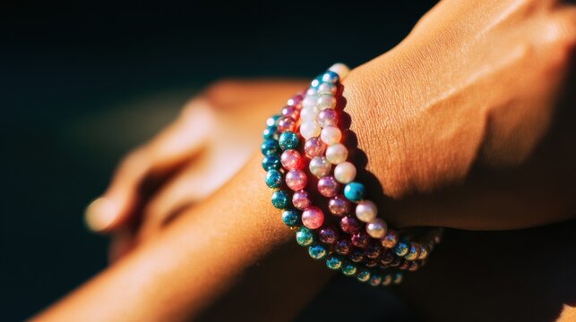 Brightly colored beaded bracelets on a person's wrist during daylight