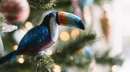 Naklejka premium Colorful toucan ornament hangs on a Christmas tree with blurred lights in the background during the holiday season