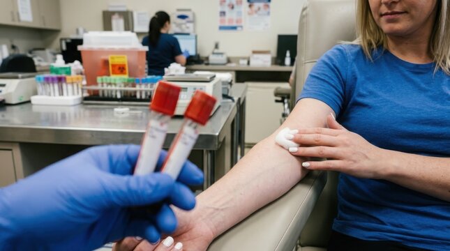 Phlebotomist holding blood sample tubes after drawing blood from a patient