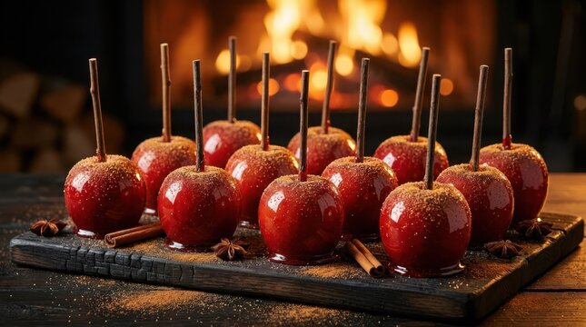 Shiny Red Candy Apples Arranged on a Wooden Board in Front of a Warm Glowing Fireplace Setting