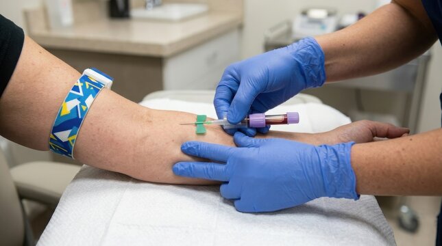 Professional phlebotomist drawing blood from a patients arm in a clinic