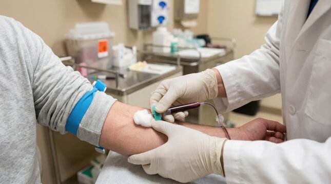 Medical professional performing a phlebotomy blood draw on a patients arm