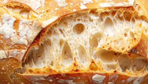 Close up of crusty artisan sourdough bread with open crumb texture