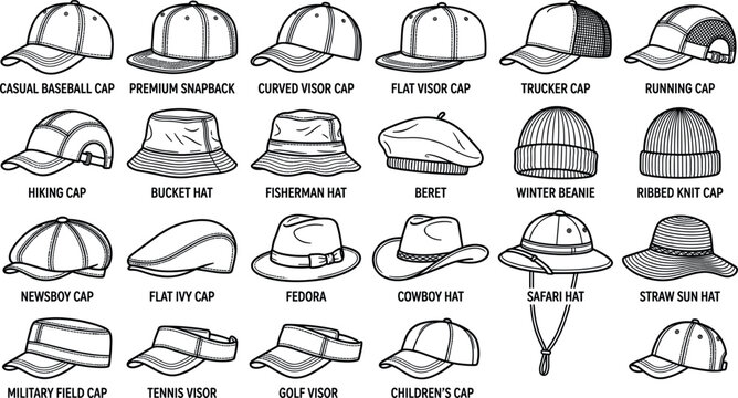 Types of hats and caps line art vector set featuring baseball snapback trucker beanie bucket beret fedora and cowboy headwear styles