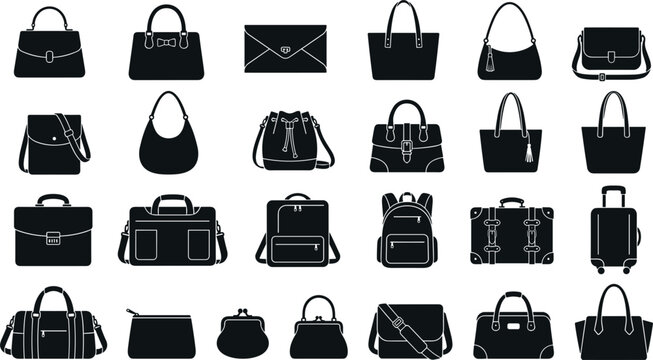 Premium collection of elegant fashion bags silhouettes vector set including luxury handbags suitcases backpacks clutches and everyday travel luggage