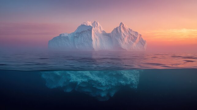 Winter season adventure exploration. An iceberg floating in the ocean at sunset, with its reflection shimmering on the waters surface. The sky is painted in a gradient of colors.
