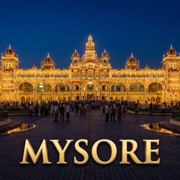 Mysore Palace Illuminated Night View, Amba Vilas Palace in Karnataka India Decorated with Golden Lights
