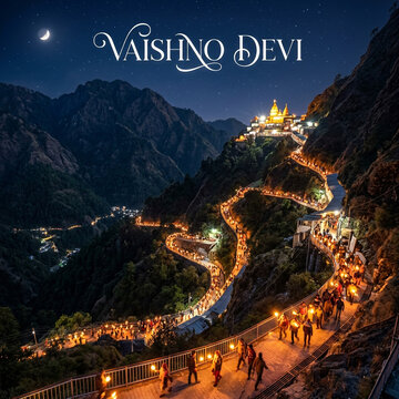 Illuminated mountain pathway of the holy Vaishno Devi pilgrimage at night, Katra, Jammu and Kashmir, India