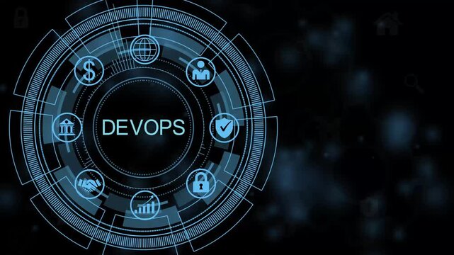 DEVOPS Digital HUD Interface with Business Strategy Management and Futuristic Technology Visualization 4K animation video..