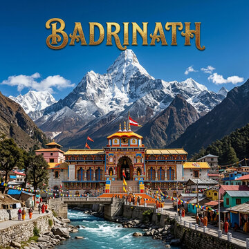 Sacred Badrinath Temple next to a mountain stream with snow-capped Neelkanth peak in the background, Uttarakhand, India