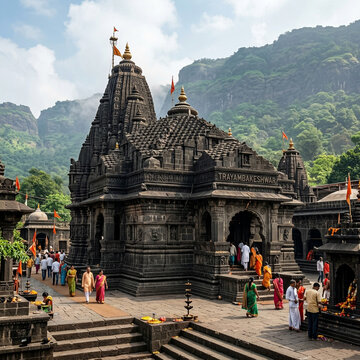 Majestic view of the ancient black stone Trimbakeshwar Jyotirlinga Shiva Temple, Nashik, Maharashtra, India