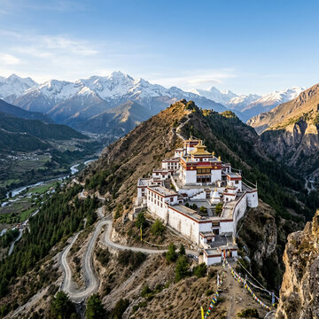 Aerial view of the ancient Key Monastery perched on a high ridge overlooking Spiti Valley, Himachal Pradesh, India