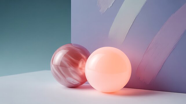 Two glossy spheres in complementary colors against painted pastel background representing abstract artistic expression