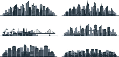 Obraz premium Modern City Skyline Silhouette Vector Icon Set with Skyscrapers Bridges Industrial Ports and Suburban Residential Buildings for Urban Development Graphic Designs