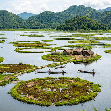 Loktak Lake Floating Phumdis - Scenic Freshwater Wetland and Huts in Manipur India
