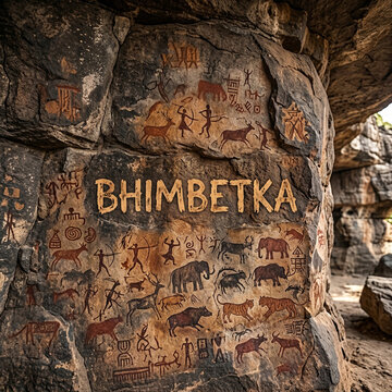 Ancient Prehistoric Cave Paintings at Bhimbetka Rock Shelters Madhya Pradesh India
