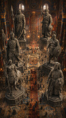 Fototapeta premium Colossal chess statues in ancient royal palace hall with small human figures