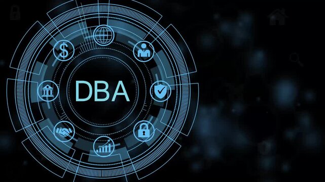 DBA Digital HUD Interface with Business Strategy Management and Futuristic Technology Visualization 4K animation video..