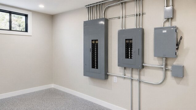 Electrician installing metal electrical breaker panels on wall in residential room. Home power distribution system with conduit pipe. Inspection, maintenance and electrical safety.