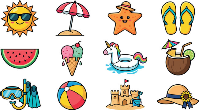 Summer Beach Holiday Vector Icon Set with Cute Sun Starfish Watermelon Ice Cream Unicorn Float Sandcastle and Tropical Cocktail Symbols for Seasonal Graphic Designs